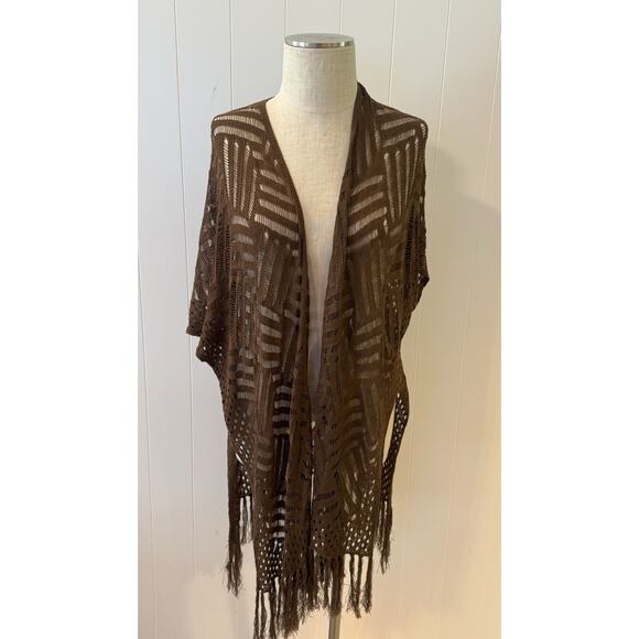 Brown Open Knit Crochet Fringe Kimono Cardigan One Size - Picture 1 of 8